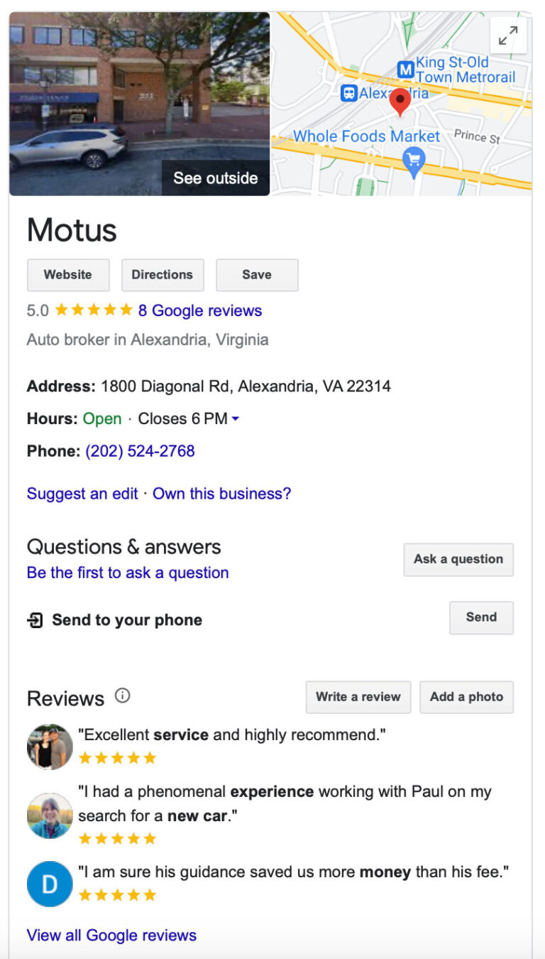 Google Business Listing for our Auto Broker Partner Motus - Car Buying Done For You